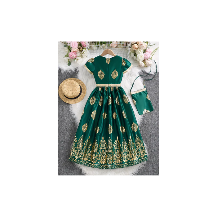 Girls’ Luxury Gulf Style Kaftan – Emerald Green &Gold
