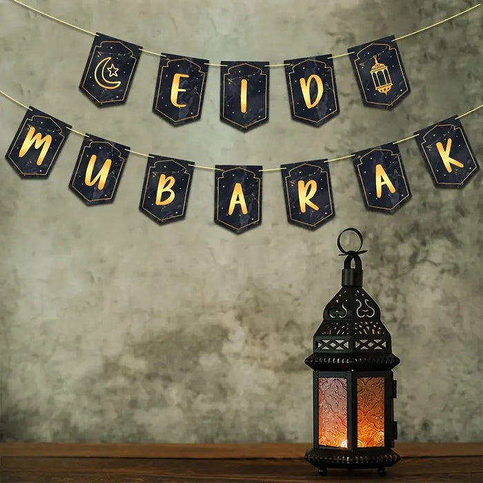 Eid Mubarak Hanging Banner – Black & Gold