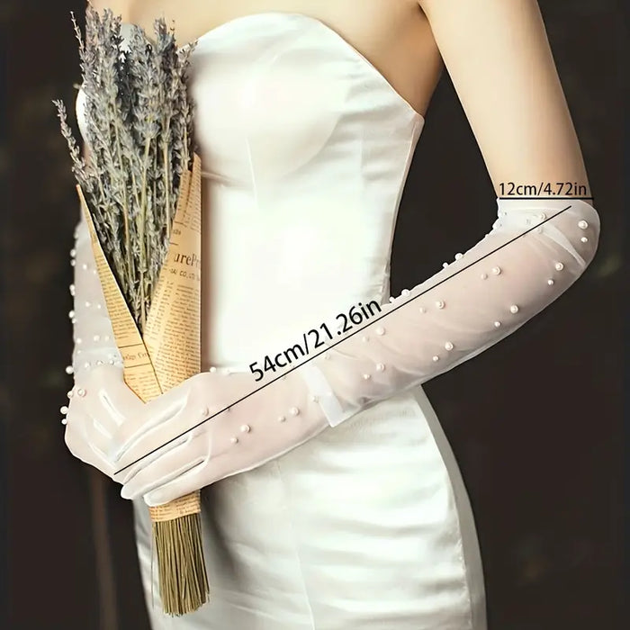 White Pearl Bridal Mesh Gloves