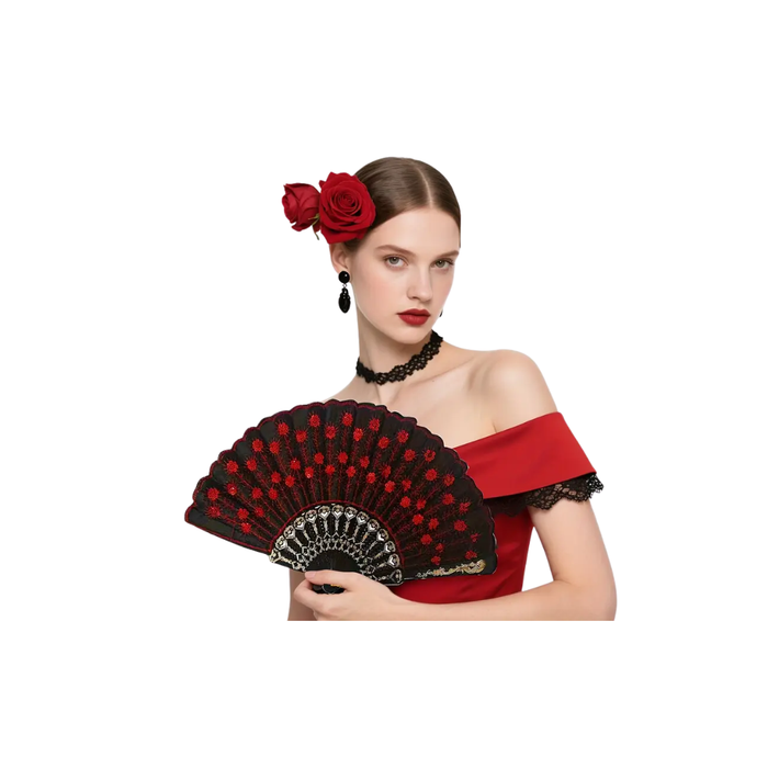 2PCS Spanish/Mexican Rose Hair Clips &amp; Folding Fan Set – Red &amp; Black