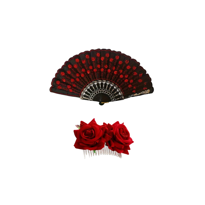 2PCS Spanish/Mexican Rose Hair Clips &amp; Folding Fan Set – Red &amp; Black