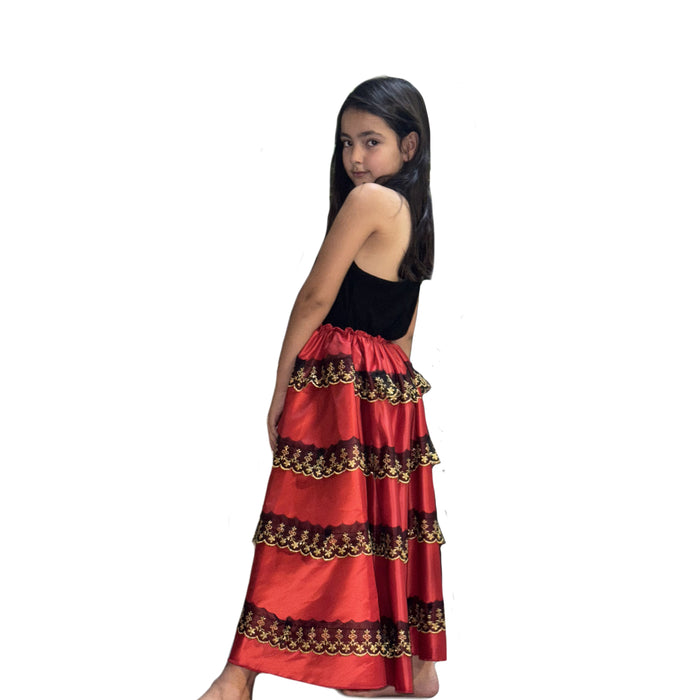 Girls’ Spanish Flamenco Satin Skirt with Gold Embroidery Design C