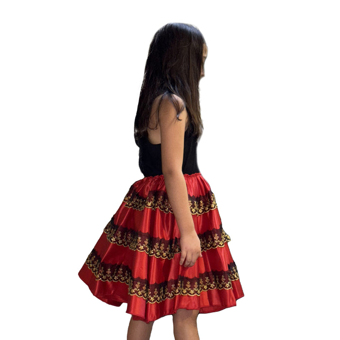 Girls’ Spanish Flamenco Satin Skirt with Gold Embroidery Design C