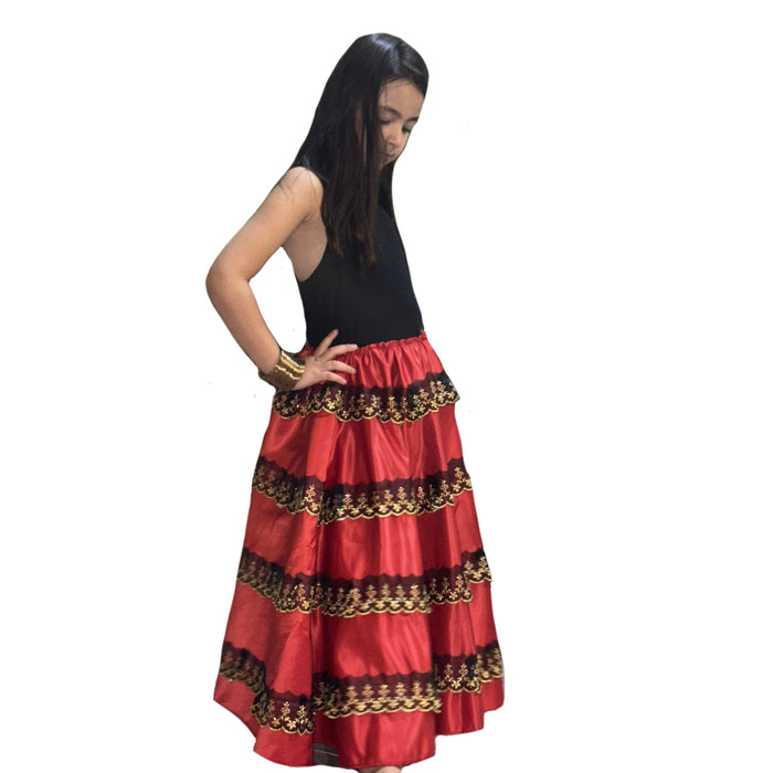 Girls’ Spanish Flamenco Satin Skirt with Gold Embroidery Design C