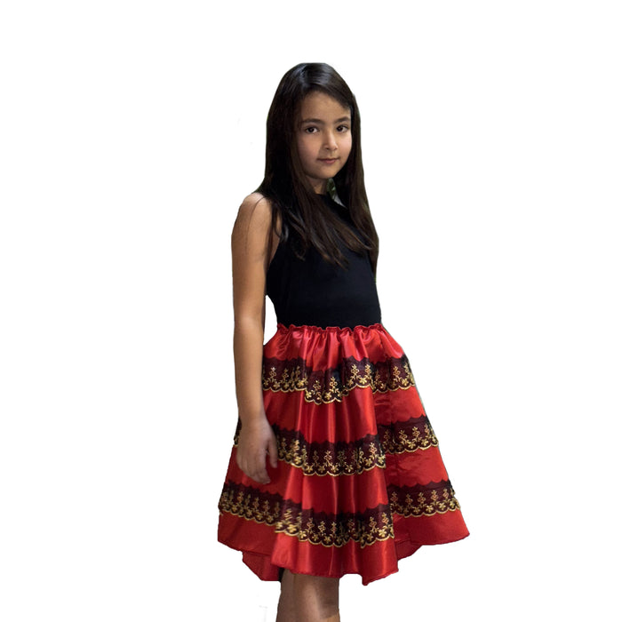 Girls’ Spanish Flamenco Satin Skirt with Gold Embroidery Design C