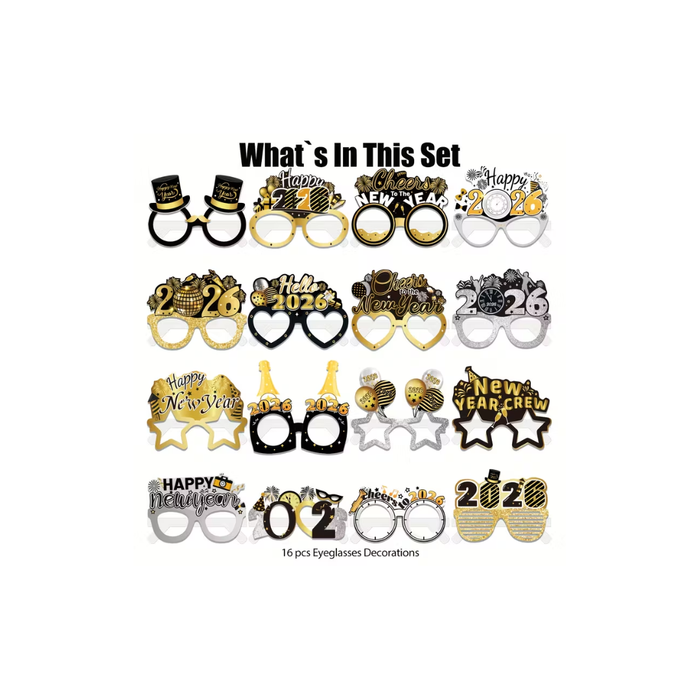 Happy New Year 2026 Paper Glasses Set – 16 Pcs
