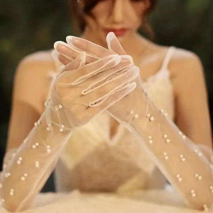 White Pearl Bridal Mesh Gloves