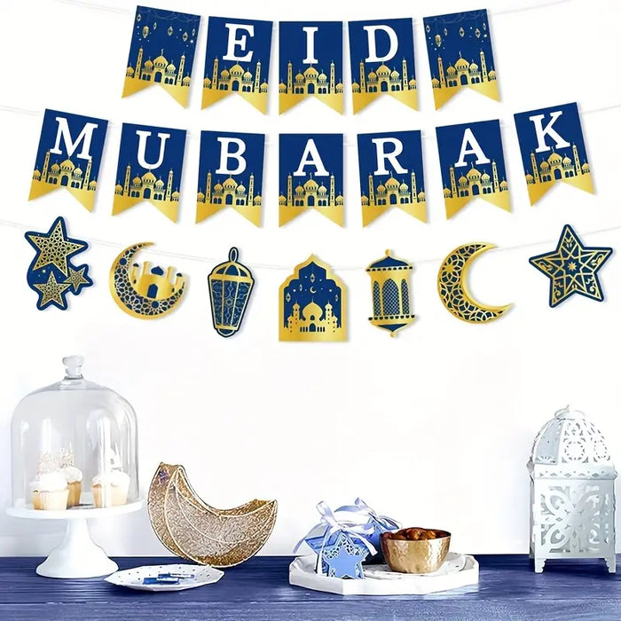 Moonlight Eid Mubarak Hanging Banner – Blue & Gold