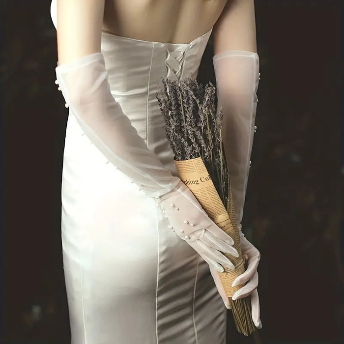 White Pearl Bridal Mesh Gloves