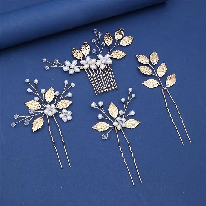 Golden Bridal Hair Accessories Set – 4pcs